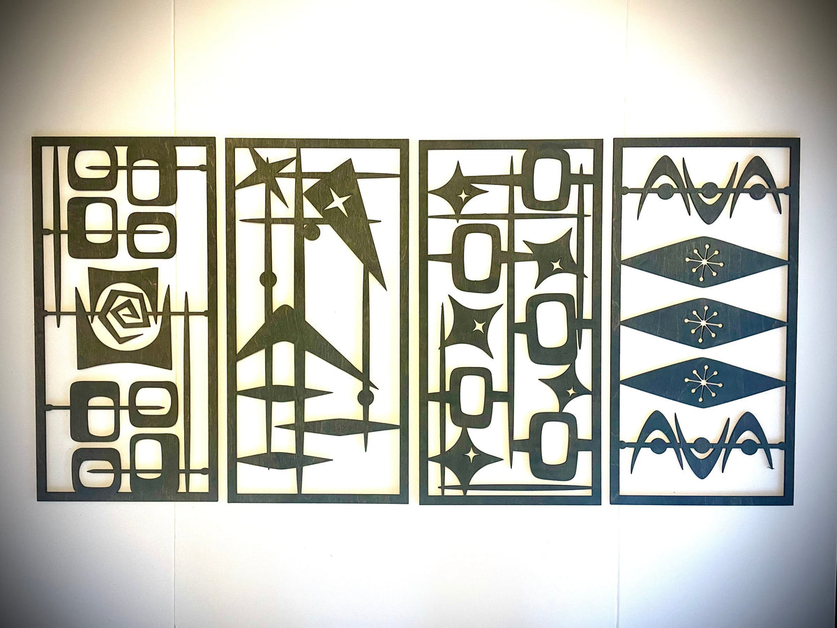 Mid Century Modern Wood Wall Art | 4-Panel Set | Multiple Sizes & Finishes | Set B