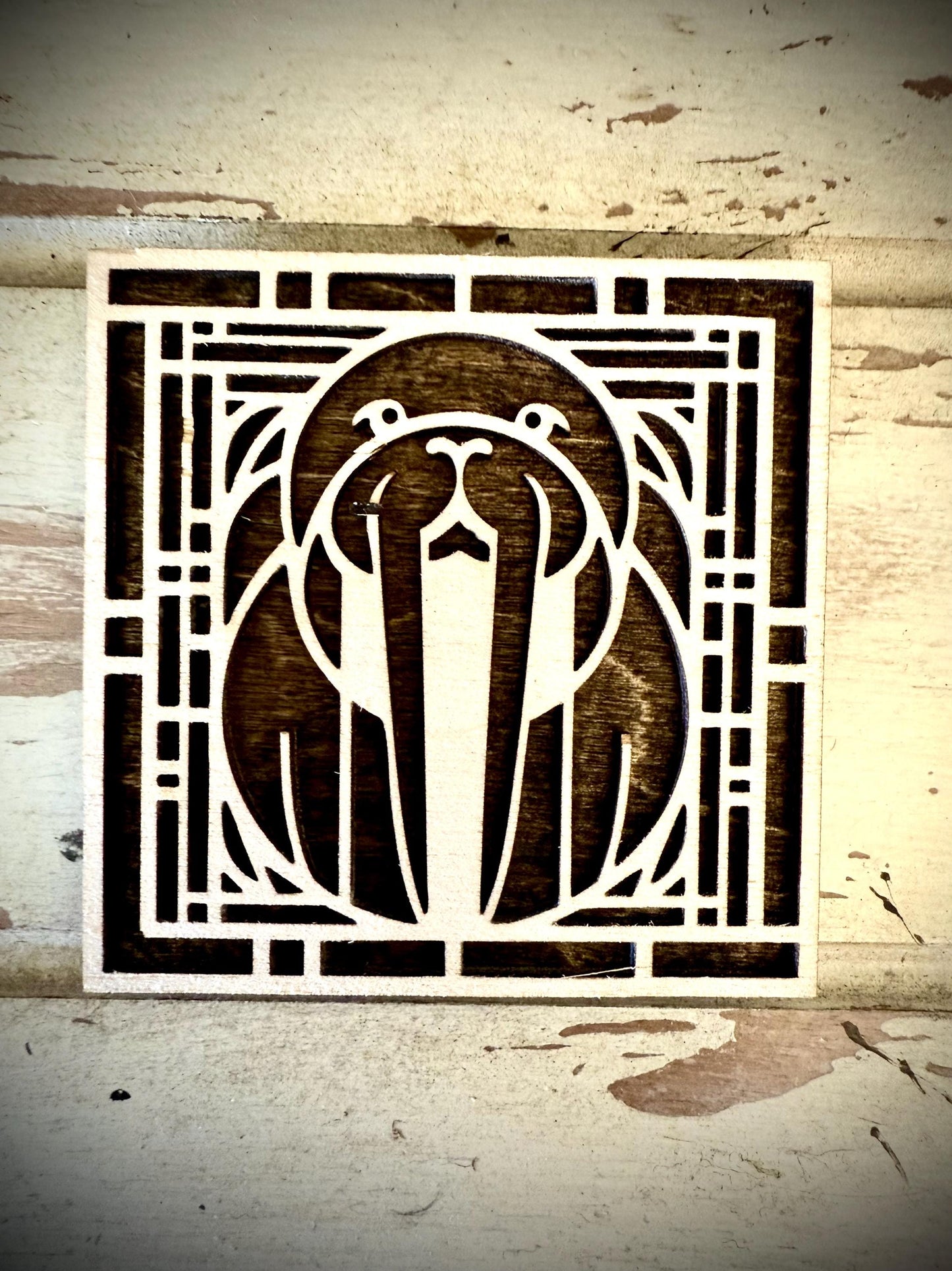 Boho Art Deco Walrus 2-Layer Square Wood Magnet | 12 Finishes | Boho Gift