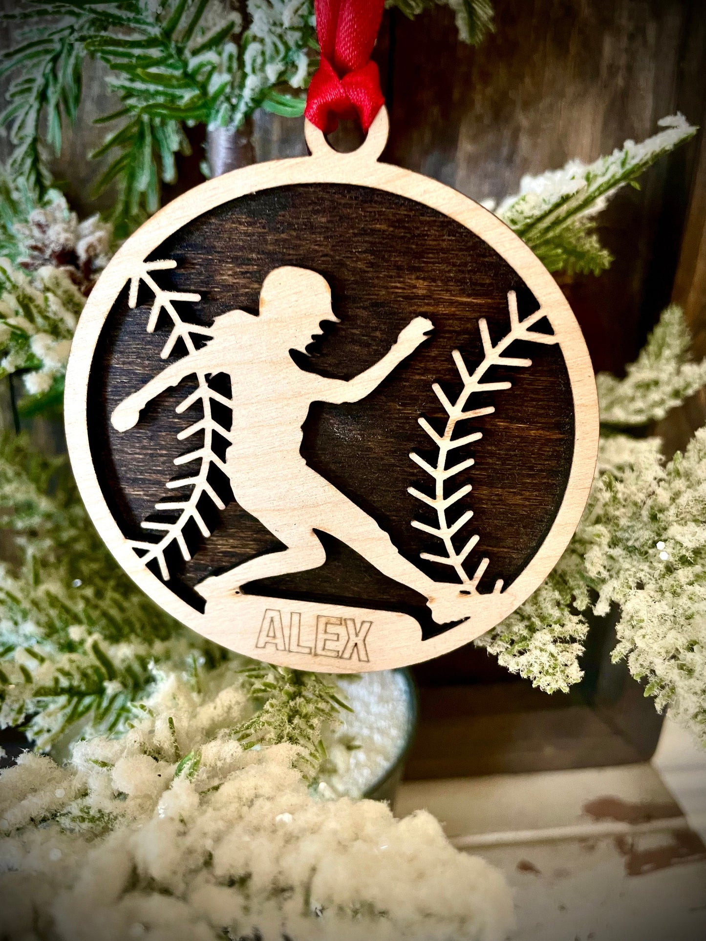 Softball Player Personalized 2-Layer Wood Christmas Ornament & Gift Tag | Multiple Finishes | Softball Gift (#7)