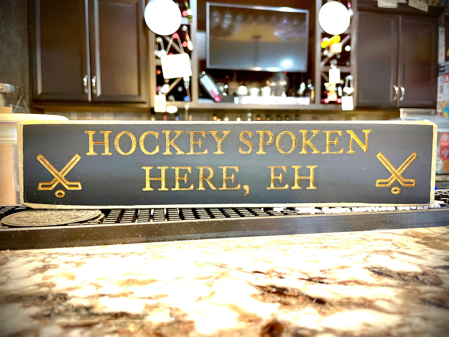 Funny Wood Hockey Sign | "Hockey Spoken Here, EH" | Canadian Hockey Decor