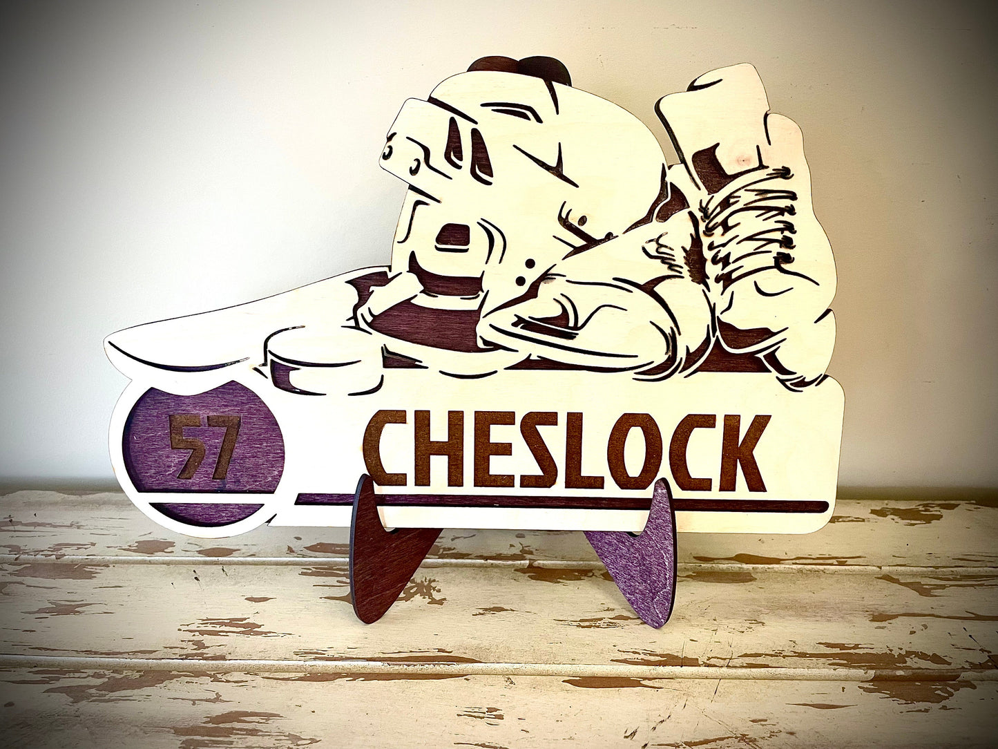 Custom Hockey Wood Plaque | Player Name & Number Engraved | Skate & Helmet Design