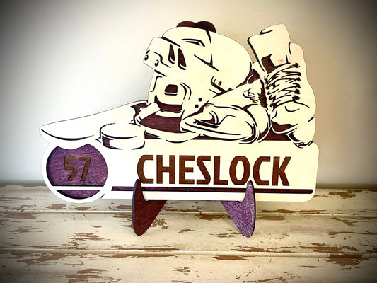Custom Hockey Wood Plaque | Player Name & Number Engraved | Skate & Helmet Design