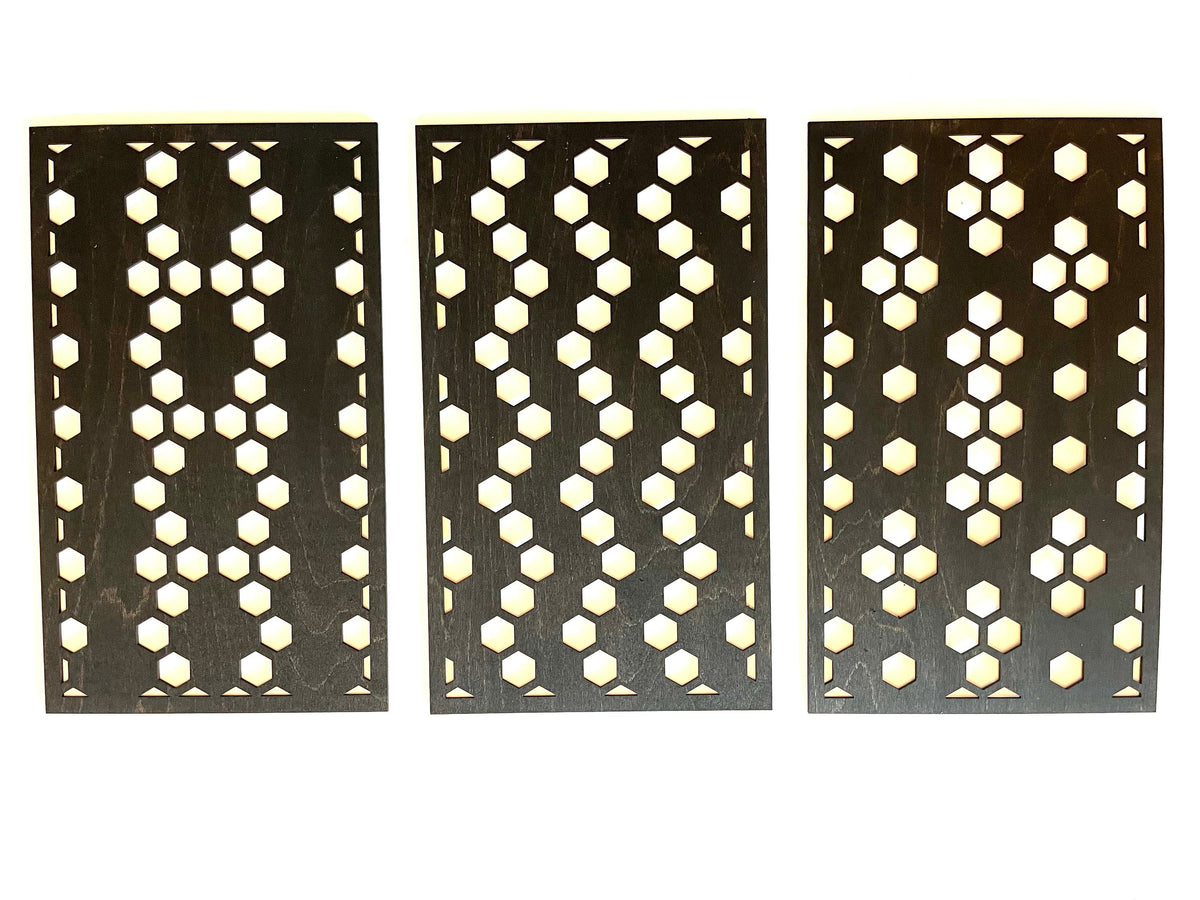 Hexagon Optical Illusion Geometric wood wall art 3-panel set, front view in Black finish