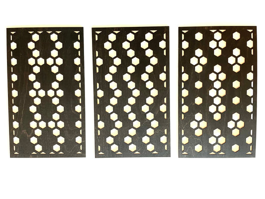 Hexagon Optical Illusion Geometric wood wall art 3-panel set, front view in Black finish