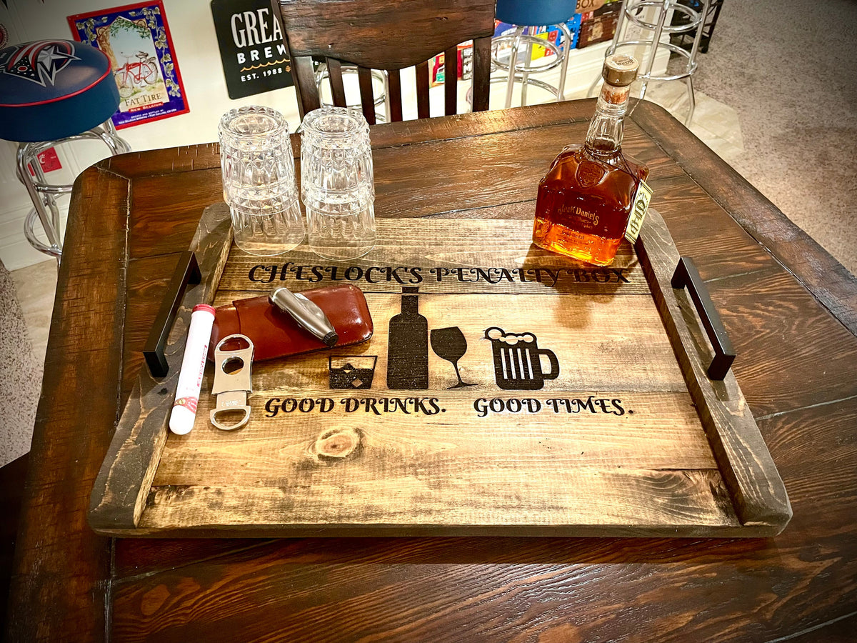 Custom Rustic Distressed Shiplap Whiskey, Bourbon & Bar Tray | Raised Edges, Handles & Optional Engraving
