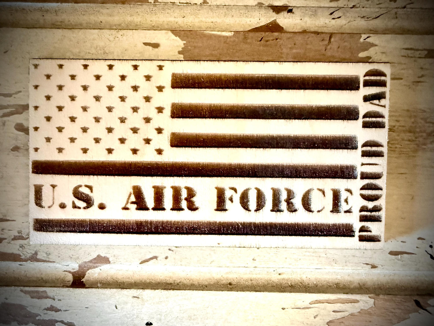 US Air Force Proud Dad Laser Engraved US Flag Wood Refrigerator Magnet | 4" x 2.1" | Military Gift