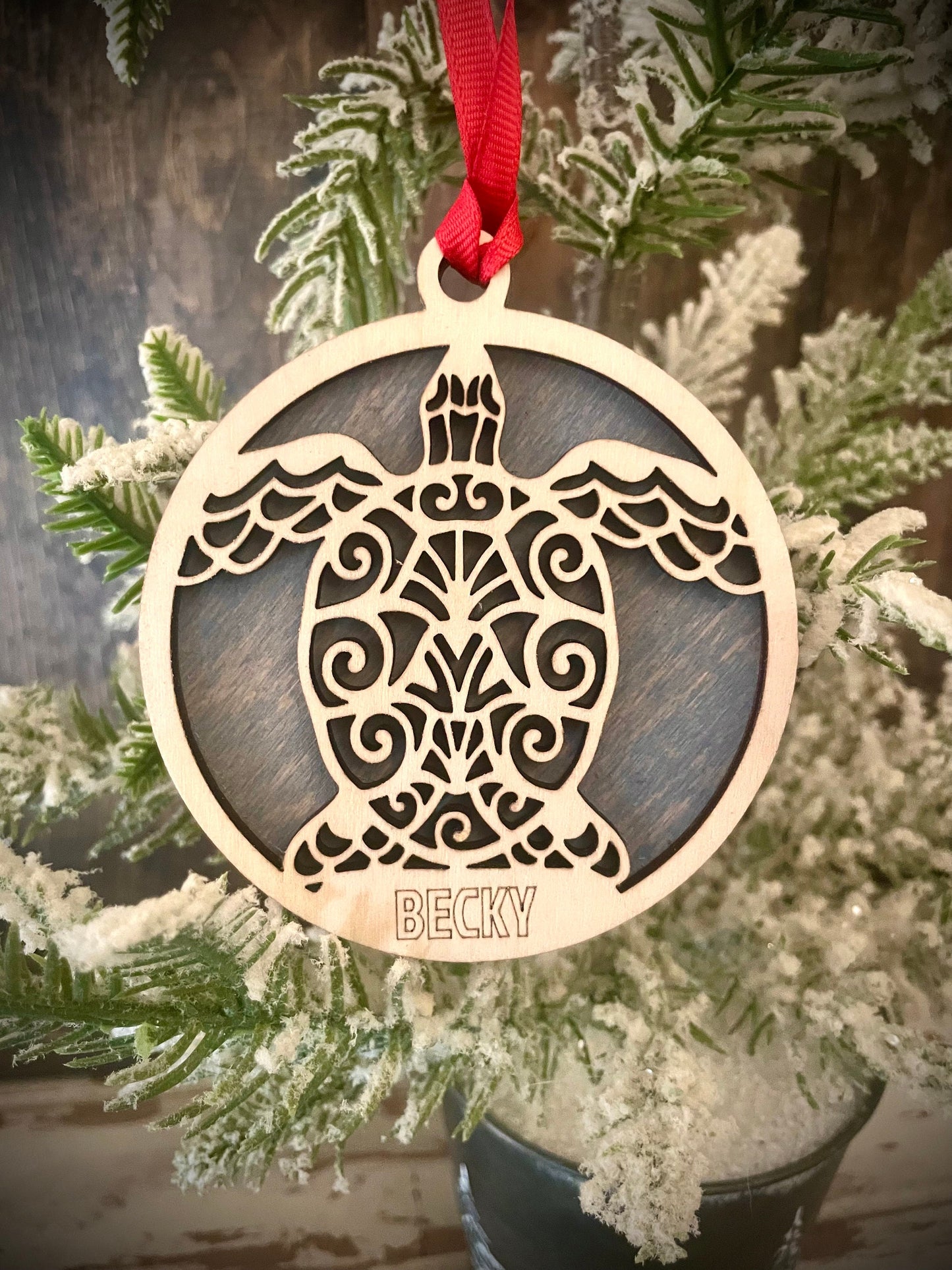 Sea Turtle Mandala Personalized 2-Layer Wood Christmas Ornament & Gift Tag | Multiple Finishes | Ocean Gift