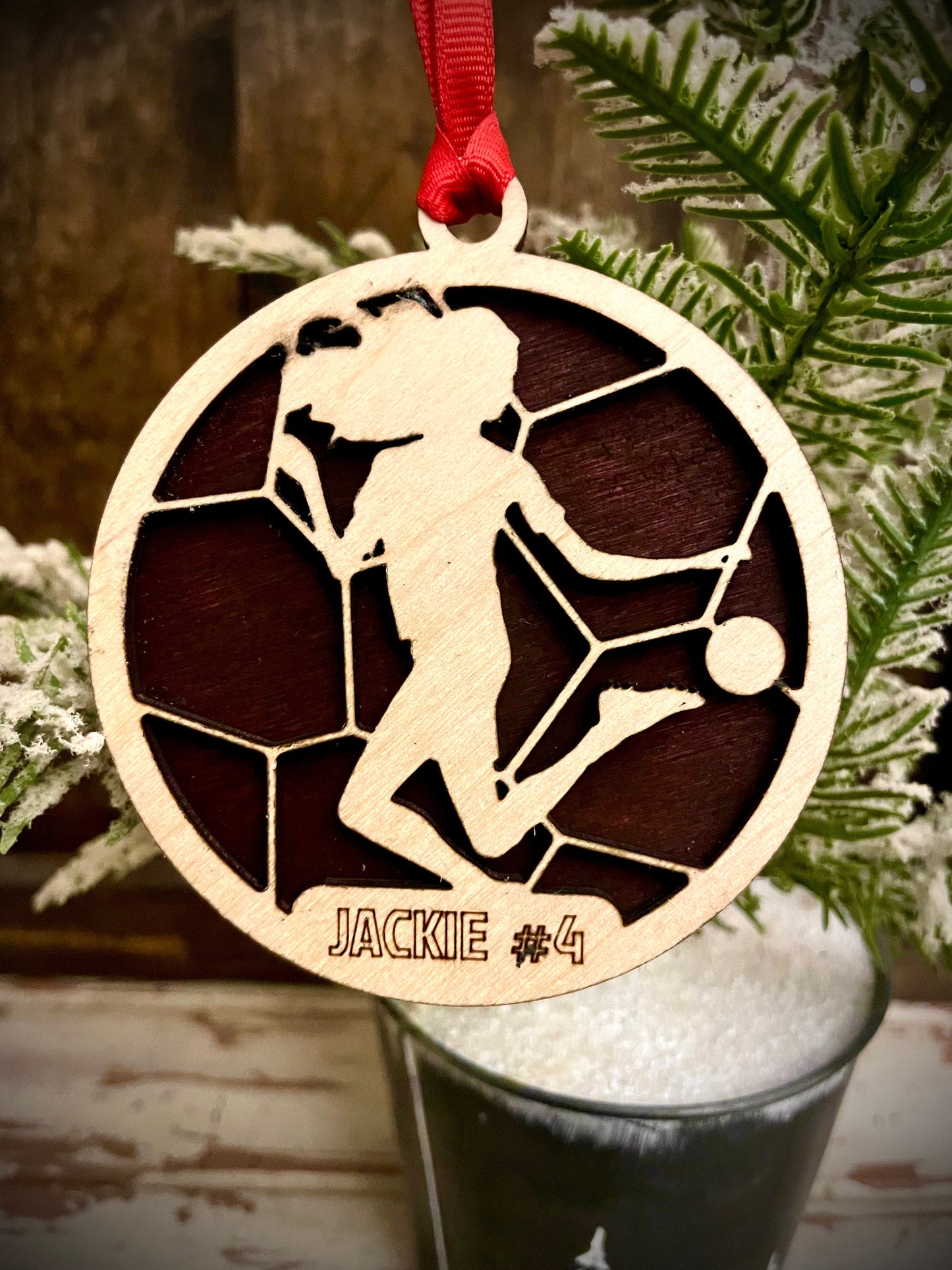 Female Soccer Player Personalized 2-Layer Wood Christmas Ornament & Gift Tag | Multiple Finishes | Soccer Gift (#6)