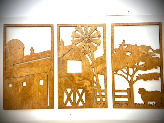 Farm Scene with Sheep & Barn 3-piece decorative wall panel set, front view