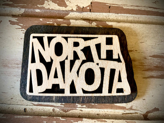 North Dakota Word Art 2-Layer Wood Refrigerator Magnet | 12 Finishes | State Pride Gift