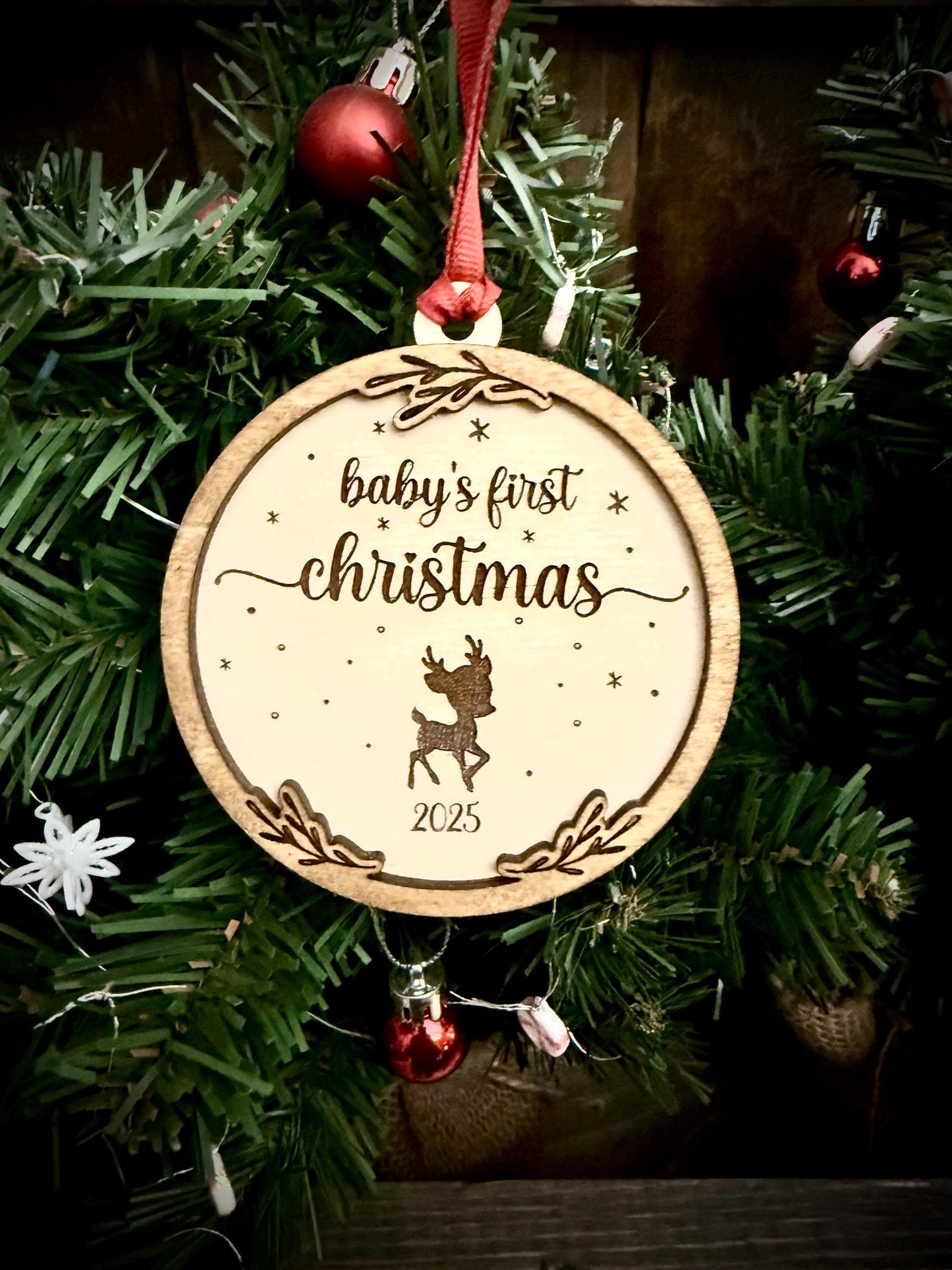 Baby's First Christmas with Reindeer Personalized 2-Layer Wood Christmas Ornament & Gift Tag | Multiple Finishes | Baby Gift