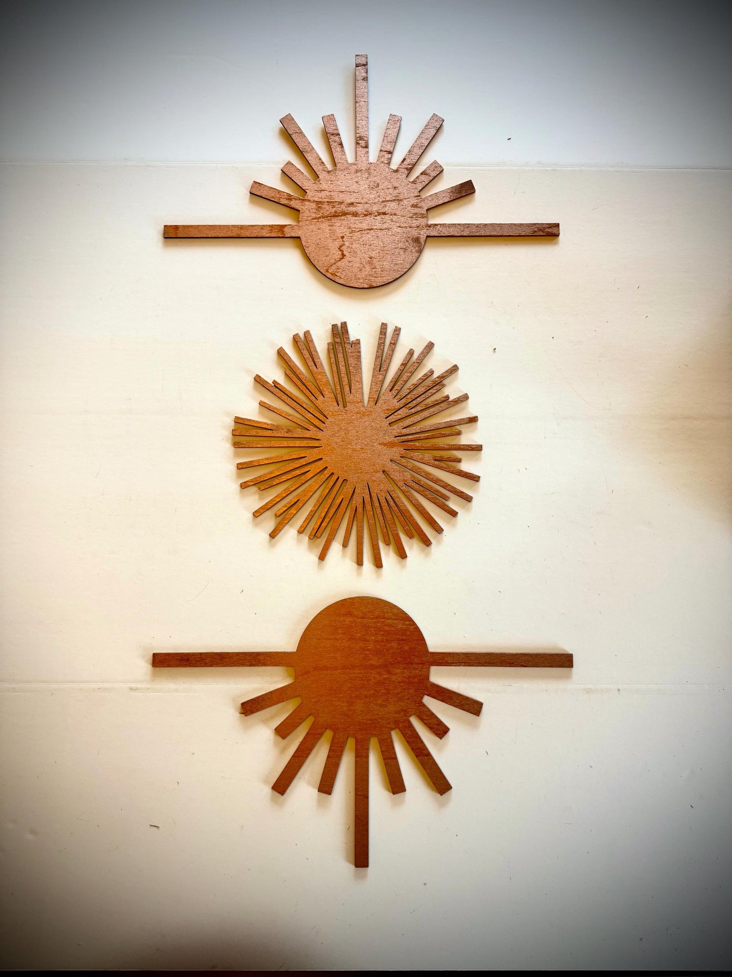 Boho modern Art Deco abstract and sunburst element wood wall art, 3 panel set,in multiple sizes and finishes.