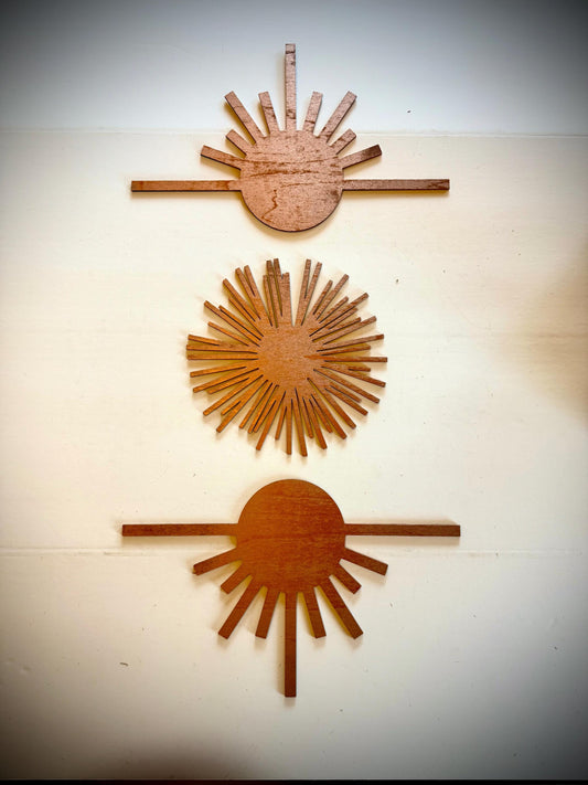 Boho modern Art Deco abstract and sunburst element wood wall art, 3 panel set,in multiple sizes and finishes.