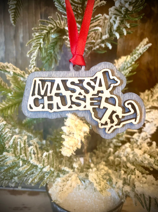 Massachusetts Word Art Wood Ornament & Gift Tag | 12 Finishes | State Pride Gift