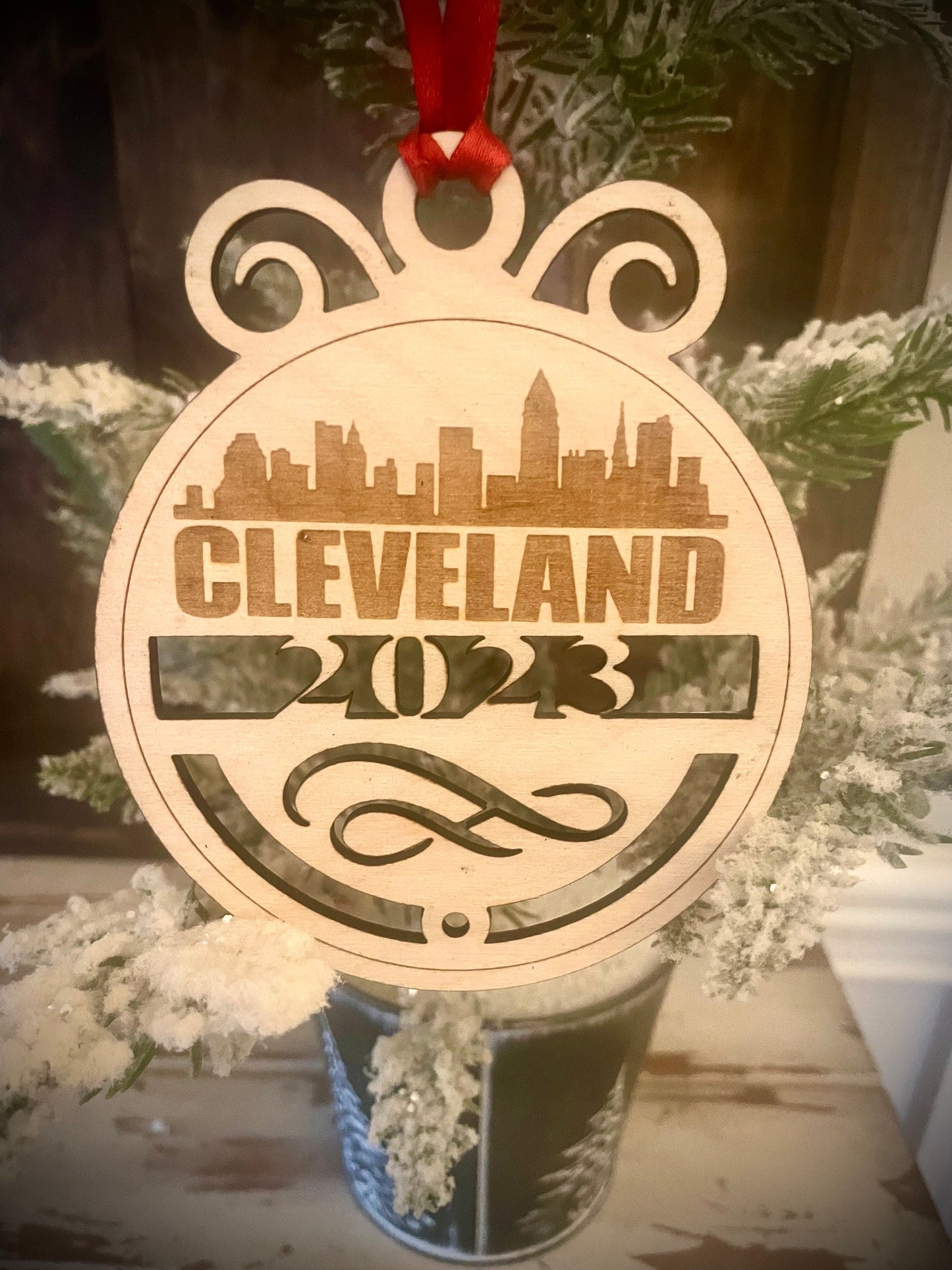 Cleveland Skyline Wood Ornament | Choice of Year | 4" x 4.75" | Travel Souvenir Gift