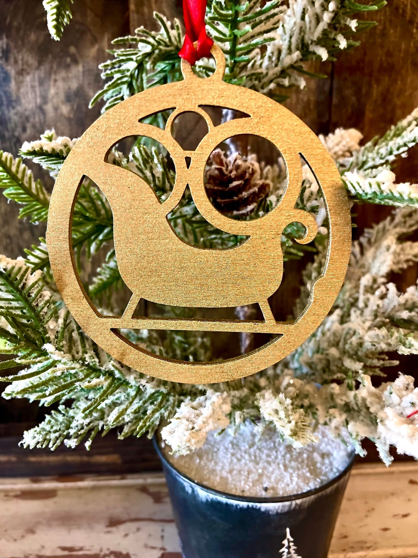 Symbols of Christmas Art Deco Sleigh Wood Ornament | Gold & 14 Other Finishes | Holiday Gift