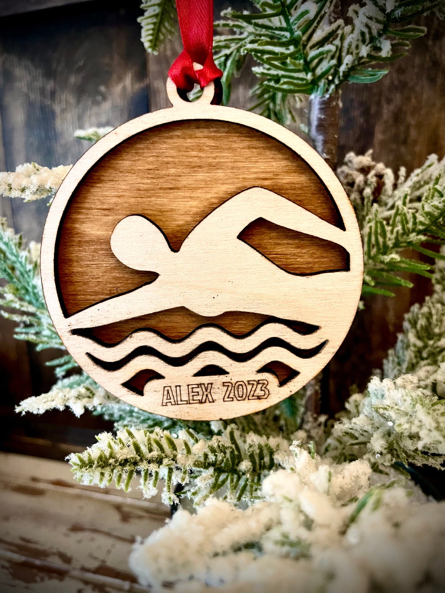 Swimming Personalized 2-Layer Wood Christmas Ornament & Gift Tag | Multiple Finishes | Sports Gift (#7)