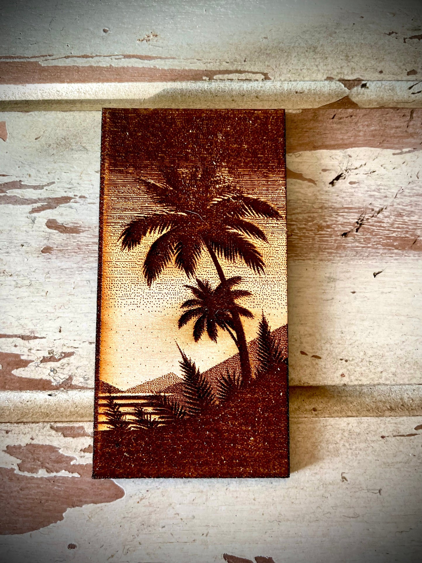 Palm Tree with Water & Mountains Engraved Wood Triptych Magnet Set | 3-Panel Set | Coastal Decor Gift