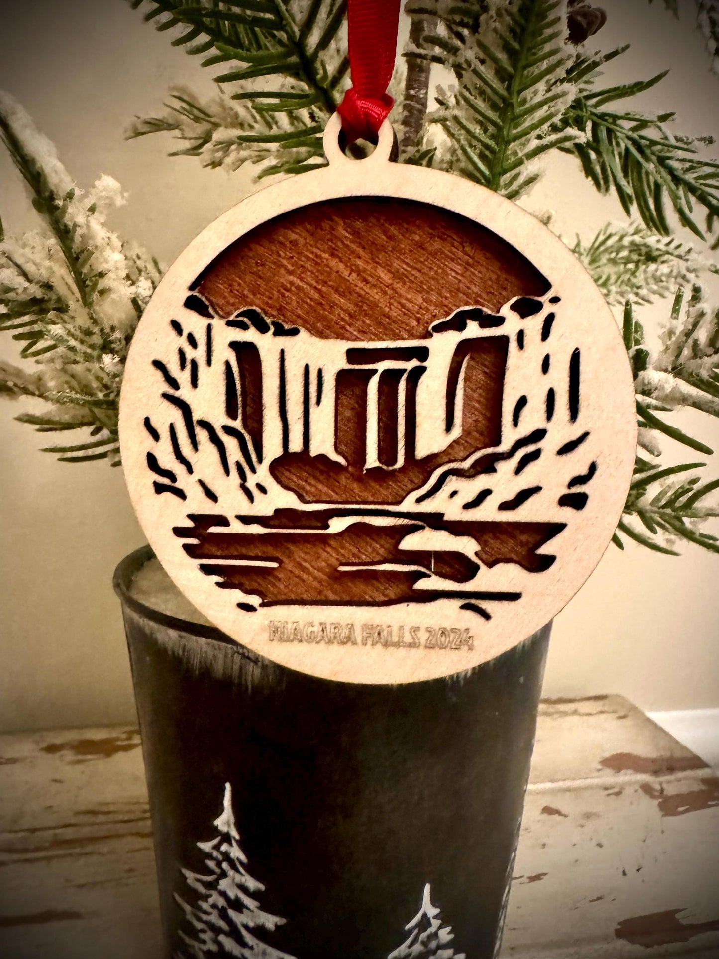 Niagara Falls New York Canada Personalized 2-Layer Wood Christmas Ornament & Gift Tag | Multiple Finishes | Travel Gift