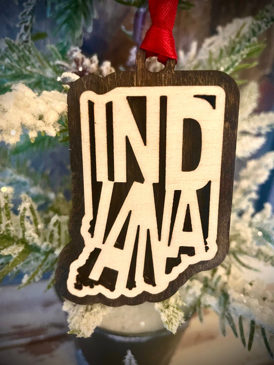 Indiana Word Art Wood Ornament & Gift Tag | 12 Finishes | State Pride Gift