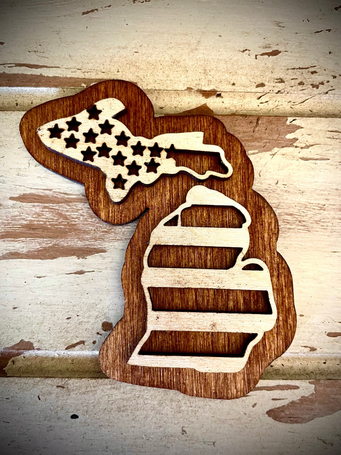 Michigan US Flag 2-Layer Wood Refrigerator Magnet | 12 Finishes | Patriotic Gift
