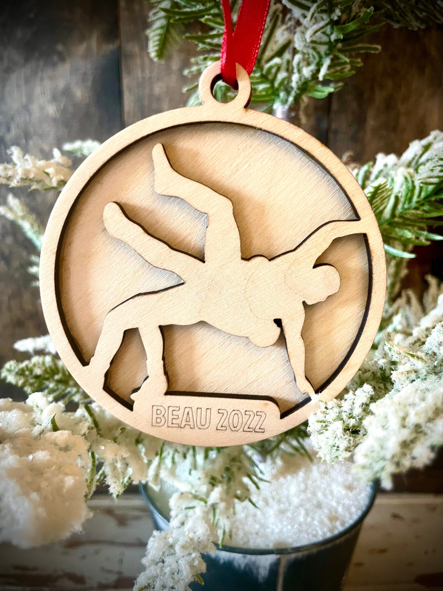 Wrestler Personalized 2-Layer Wood Christmas Ornament & Gift Tag | Multiple Finishes | Wrestling Gift (#1)