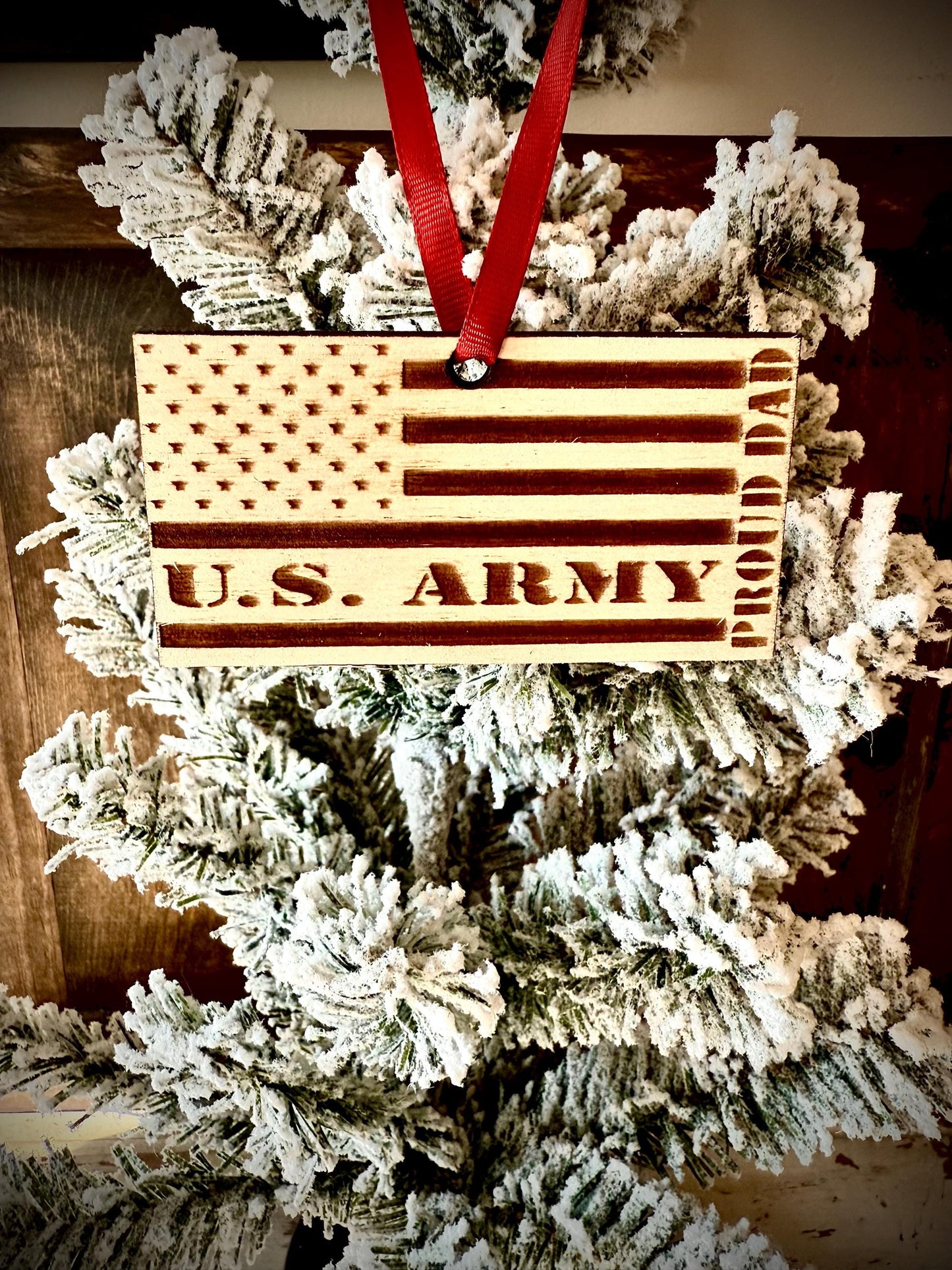 US Army Proud Dad Engraved US Flag Wood Ornament | Patriotic Gift | Military Gift