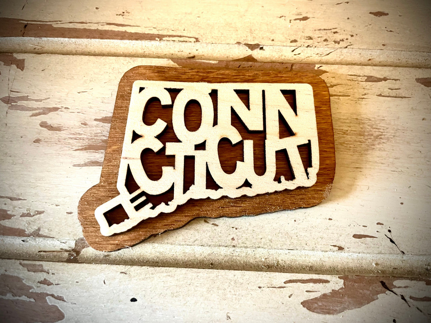 Connecticut Word Art 2-Layer Wood Refrigerator Magnet | 12 Finishes | State Pride Gift