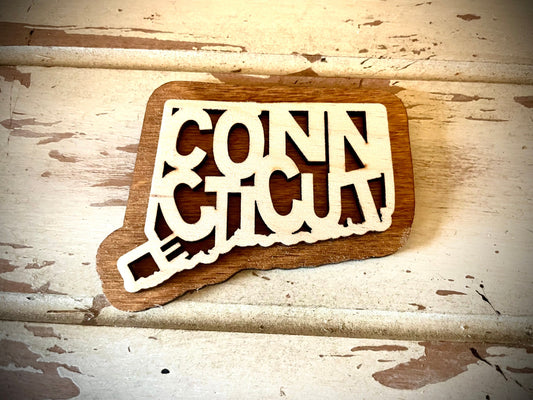 Connecticut Word Art 2-Layer Wood Refrigerator Magnet | 12 Finishes | State Pride Gift