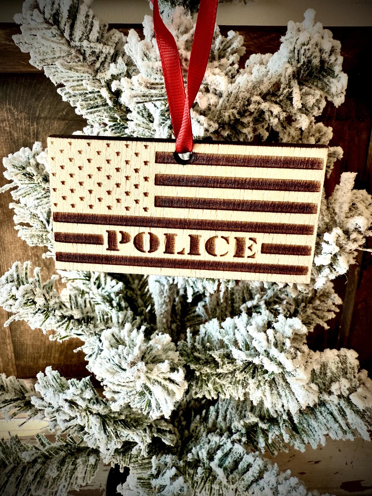 Police Officer Engraved US Flag Wood Ornament | Patriotic Gift | First Responder Gift
