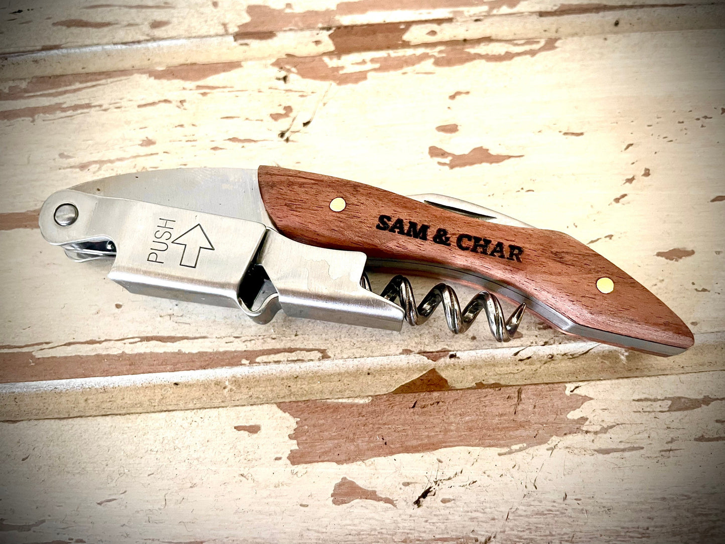 Custom Engraved Wood Wine Key & Corkscrew | Personalized Wine Opener Gift