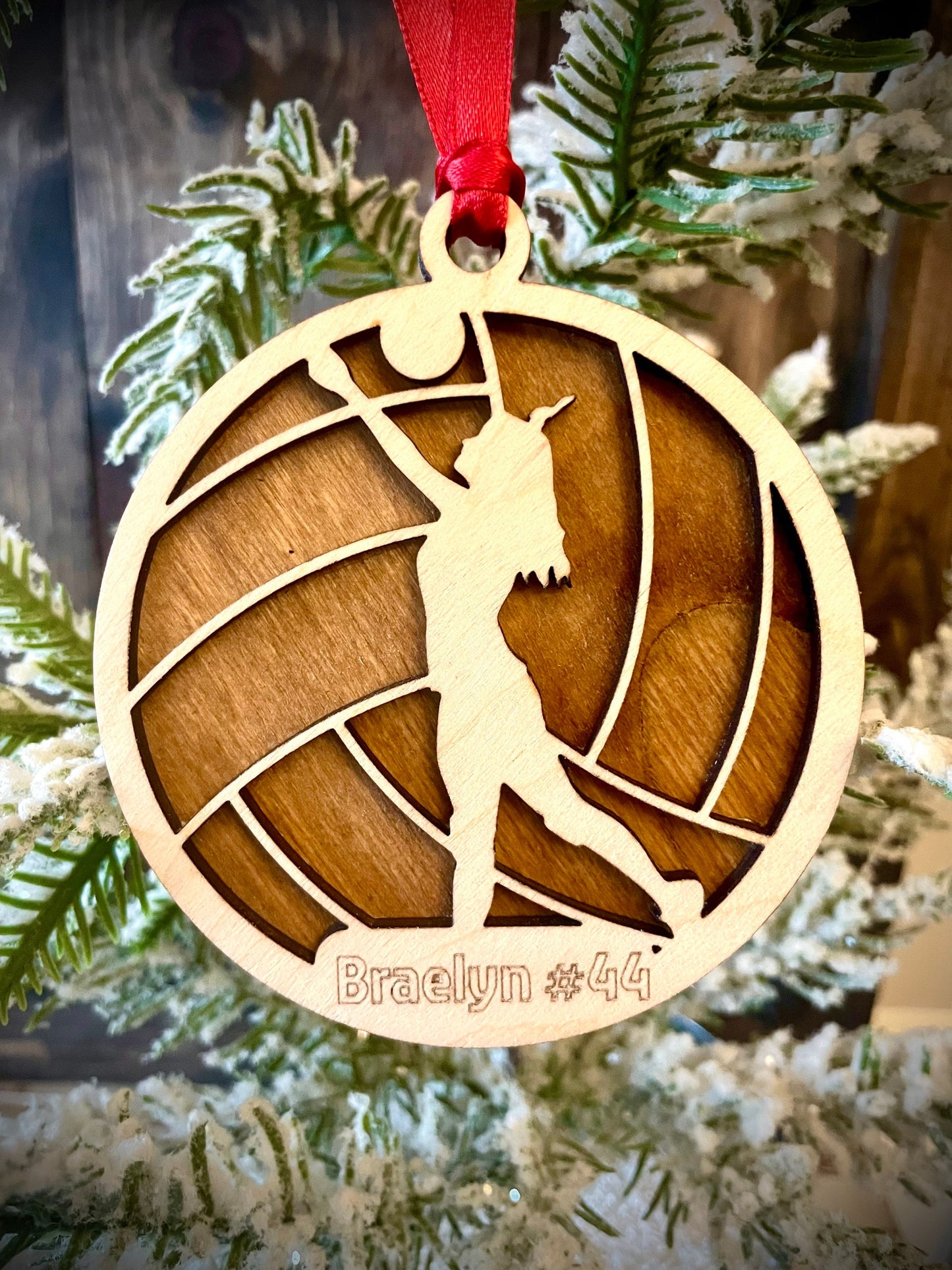 Volleyball player 2-layer personalized laser cut wood Christmas ornament, gift tag available unfinished or stained (version 5 of 12)