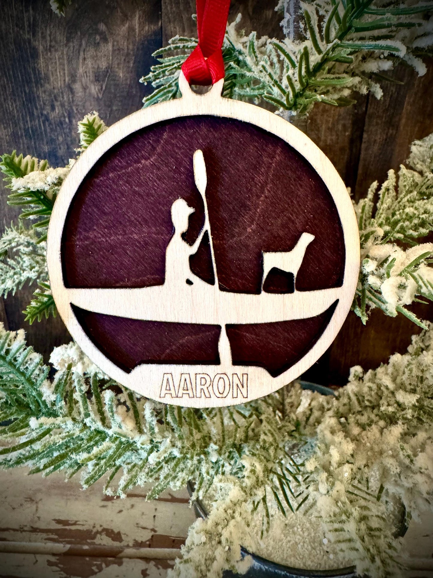Male Kayaking with Dog Personalized 2-Layer Wood Christmas Ornament & Gift Tag | Multiple Finishes | Kayaking Gift