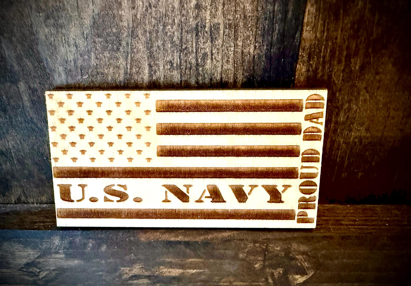 US Navy Proud Dad Laser Engraved US Flag Wood Refrigerator Magnet | 4" x 2.1" | Military Gift