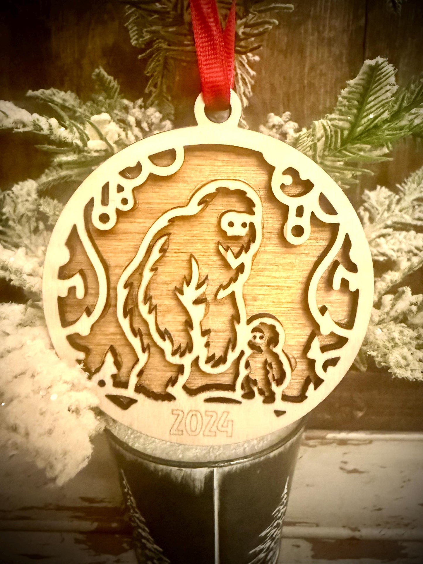 Mama & Baby Yeti Sasquatch Bigfoot Personalized 2-Layer Wood Christmas Ornament & Gift Tag | Multiple Finishes | Bigfoot Gift