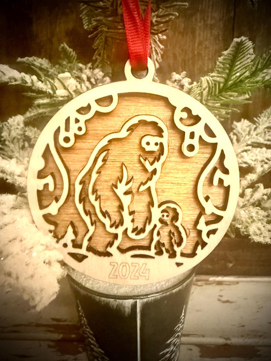 Mama & Baby Yeti Sasquatch Bigfoot Personalized 2-Layer Wood Christmas Ornament & Gift Tag | Multiple Finishes | Bigfoot Gift
