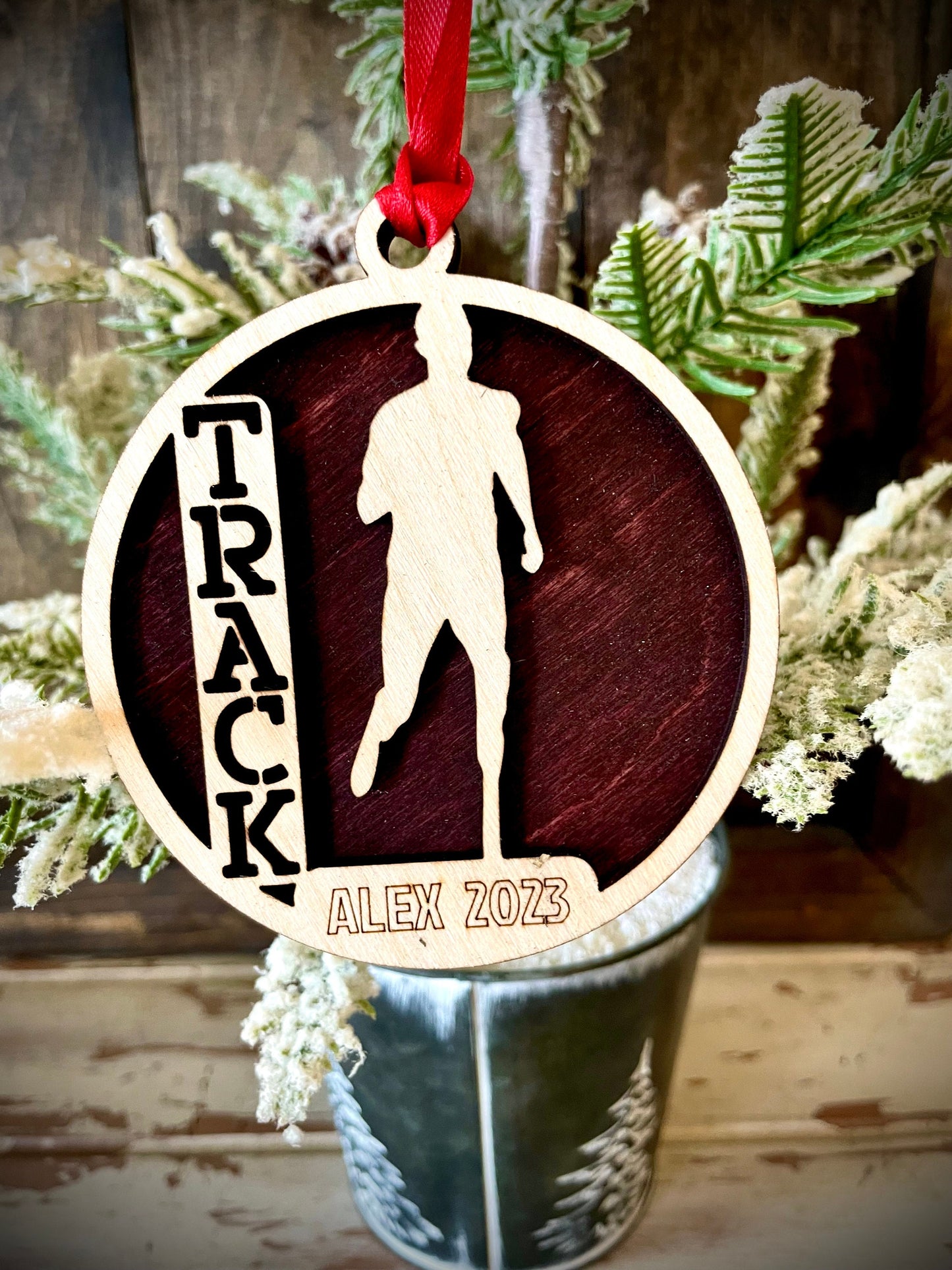 Track runner / running 2-layer personalized laser cut wood Christmas ornament, gift tag available unfinished or stained version 8 of 9