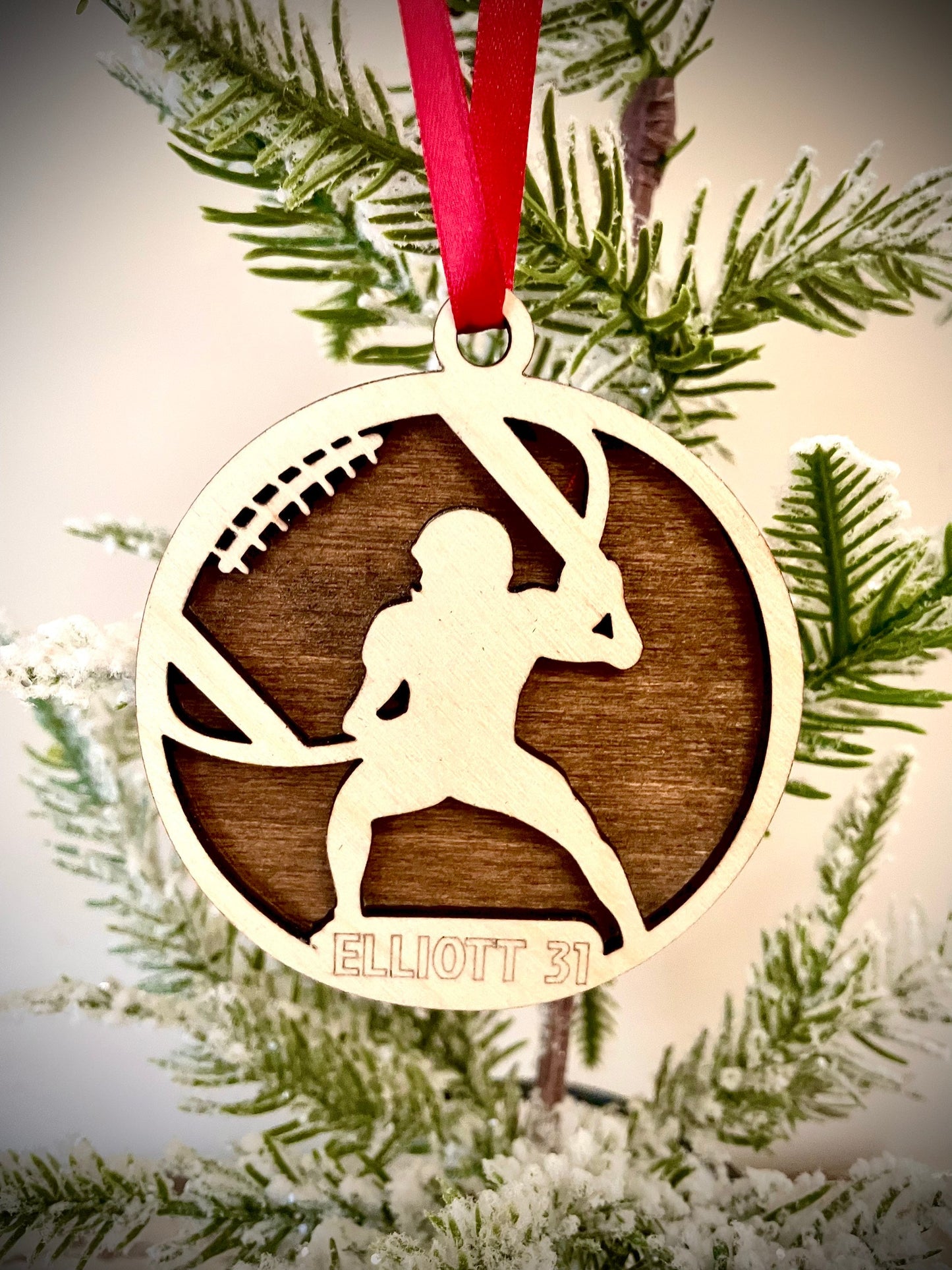 Football player 2-layer personalized laser cut wood Christmas ornament, gift tag available unfinished or stained (version 13 of 16)