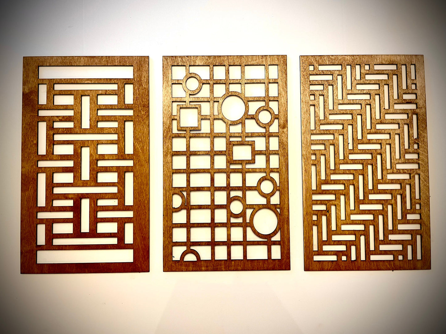 Boho Modern Geometry wood wall art, 3 panel set in multiple sizes and finishes