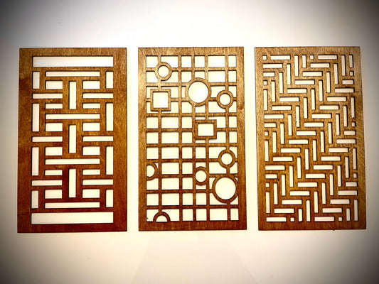 Boho Modern Geometry wood wall art, 3 panel set in multiple sizes and finishes