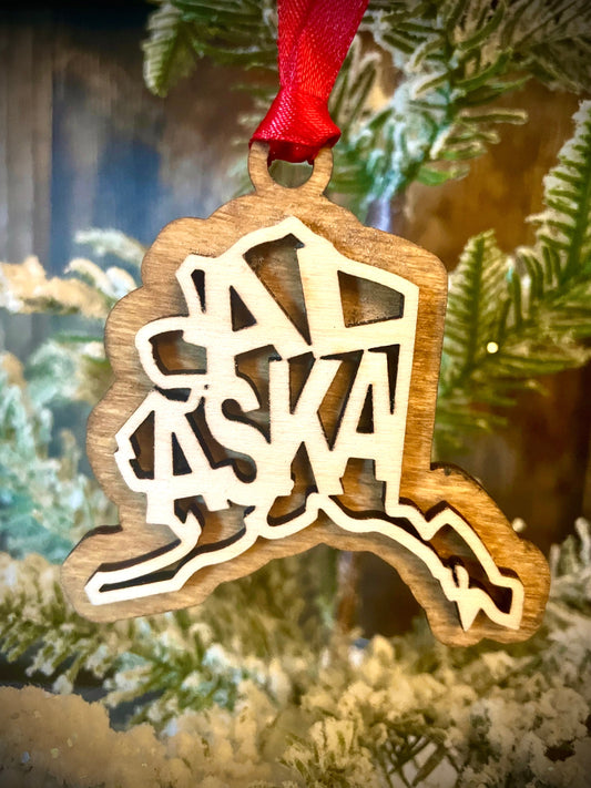 Alaska Word Art Wood Ornament & Gift Tag | 12 Finishes | State Pride Gift