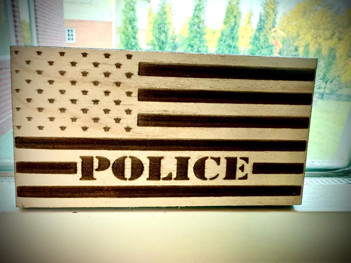 Police Laser Engraved US Flag Wood Refrigerator Magnet | 4" x 2.1" | Law Enforcement Gift