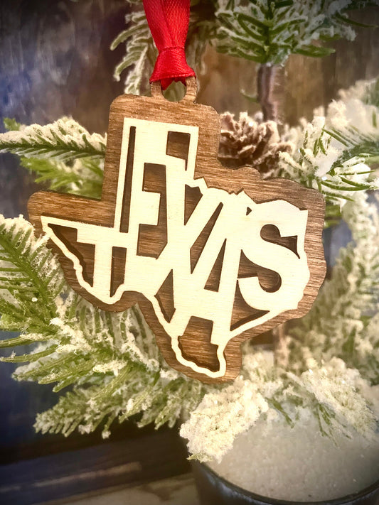 Texas Word Art Wood Ornament & Gift Tag | 12 Finishes | State Pride Gift