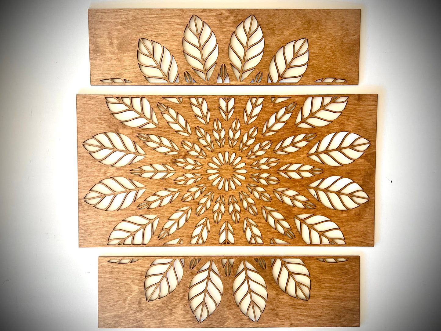 Boho Leaf Mandala Wood Wall Art | 3-Panel Set | Multiple Sizes & Finishes | Style 1