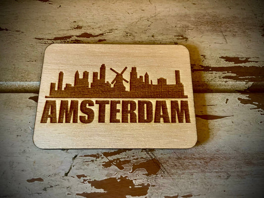 Amsterdam Skyline Wood Magnet | City Souvenir | 3.5" x 2.5"