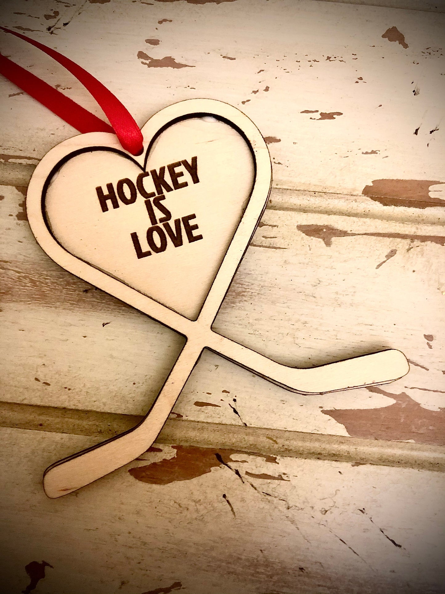 Personalized Hockey Stick Heart Wood Ornament | Engraved | Valentine's Gift