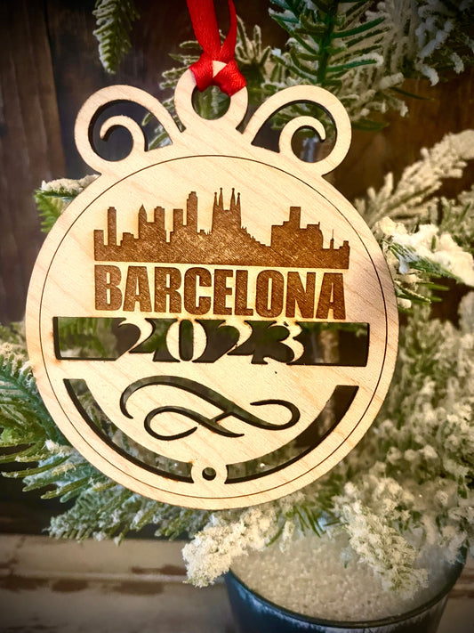 Barcelona Skyline Wood Ornament | Choice of Year | 4" x 4.75" | Travel Souvenir Gift