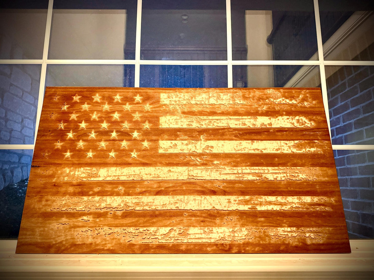 Giant Tattered Distressed American Flag Laser Engraved Wood Wall Art | 1/4" or 1/2" Wood