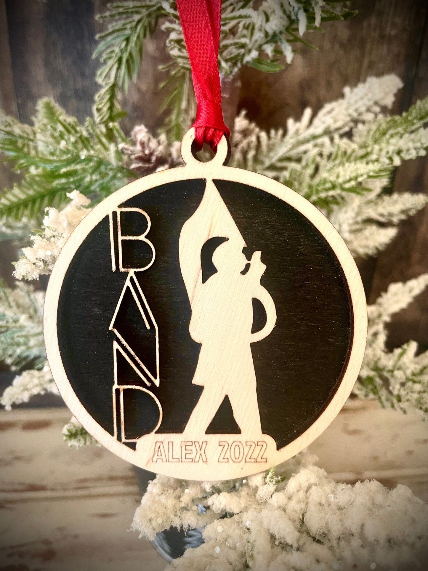 Marching band tuba sousaphone player 2-layer personalized laser cut wood Christmas ornament, gift tag available unfinished or stained