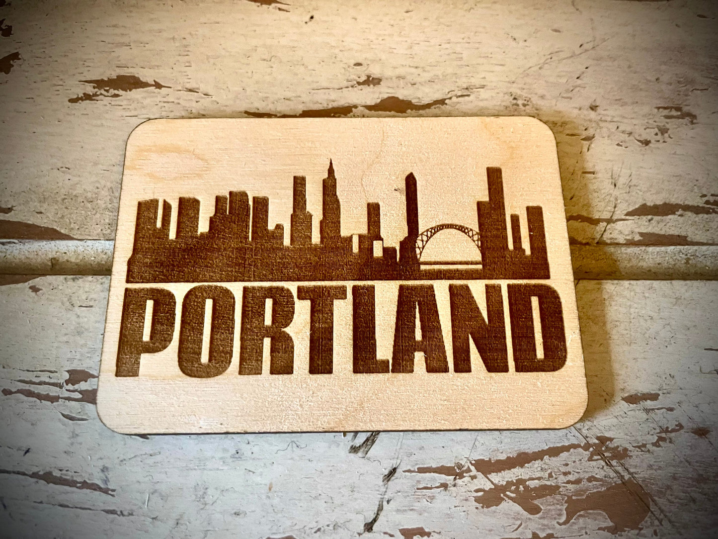 Portland Skyline Wood Magnet | City Souvenir | 3.5" x 2.5"